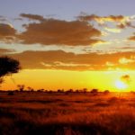 Sonnenuntergang über der Weite unserer Farm in Namibia